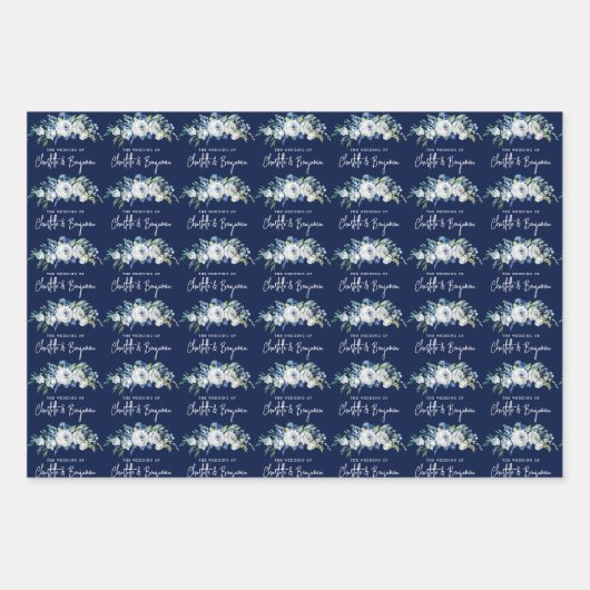 Chique Navy Blauw Wit Pioen Bloemen Aangepaste Bru Inpakpapier Vel (Voorkant)