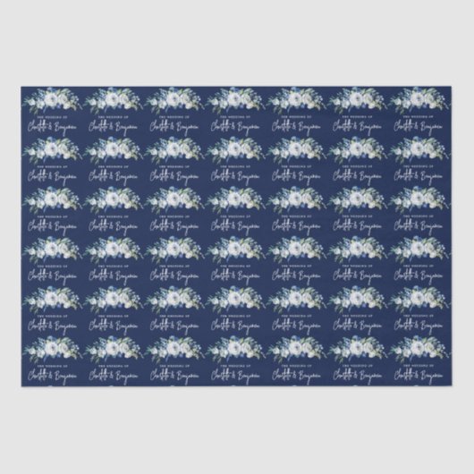 Chique Navy Blauw Wit Pioen Bloemen Aangepaste Bru Tissuepapier (Voorkant)