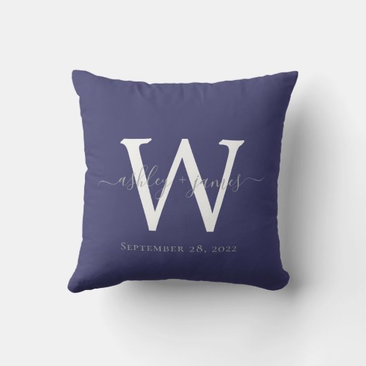 Chique Navy Blauw Witte Monogram Trouwherinnering Kussen (Achterkant)