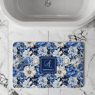 Chique Navy Blauwe Bloemen Aangepaste Naam Badmat