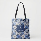 Chique Navy Blauwe Bloemen Aangepaste Naam Boodsch Tote Bag (Voorkant)
