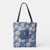 Chique Navy Blauwe Bloemen Aangepaste Naam Boodsch Tote Bag (Achterkant)