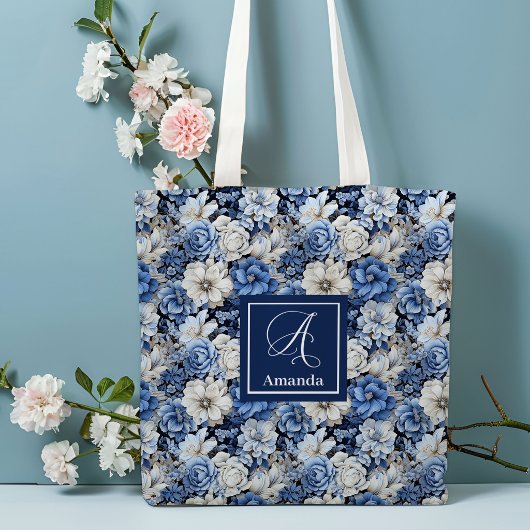 Chique Navy Blauwe Bloemen Aangepaste Naam Boodsch Tote Bag