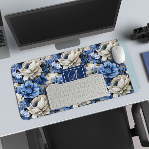 Chique Navy Blauwe Bloemen Aangepaste Naam Bureaum Bureaumat
