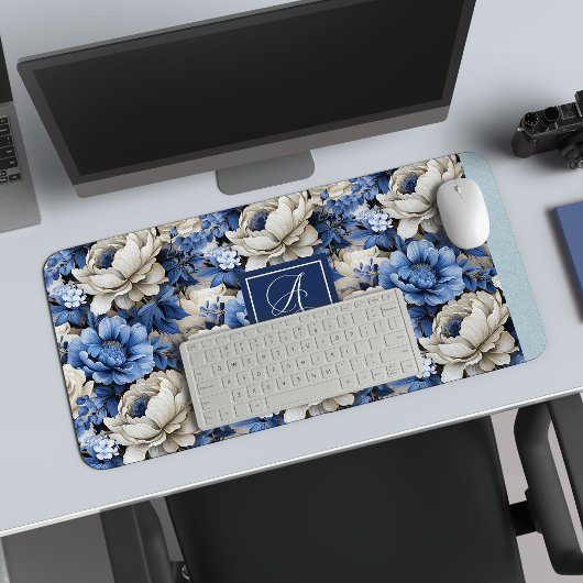 Chique Navy Blauwe Bloemen Aangepaste Naam Bureaum Bureaumat