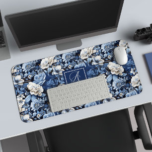 Chique Navy Blauwe Bloemen Stijlvol Bureau Onderle Bureaumat