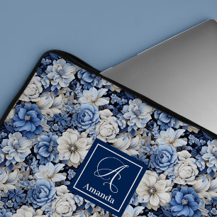 Chique Navy Blauwe Bloemen Stijlvolle Laptop Hoes