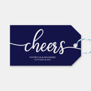 Chique Navy Blauwe Calligrafie Cheers Wijnfles Lab Cadeaulabel