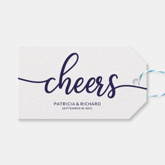Chique Navy Blauwe Calligrafie Proost Wijnfles Lab Cadeaulabel (Voorkant (Horizontaal))