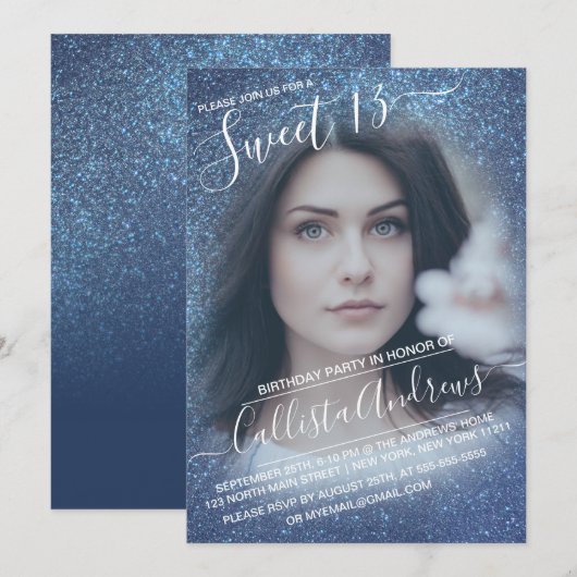 Chique Navy Blauwe Glitter Ombre Foto Sweet 13 Kaart (Voorkant / Achterkant)