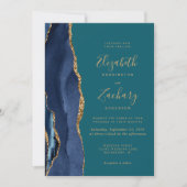 Chique Navy Blauwe Goud Agate Teal QR Code Trouw Kaart (Voorkant)