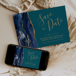 Chique Navy Blauwe Goud Agate Teal Save the Date K Kaart