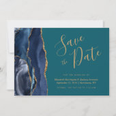 Chique Navy Blauwe Goud Agate Teal Save the Date K Kaart (Voorkant)
