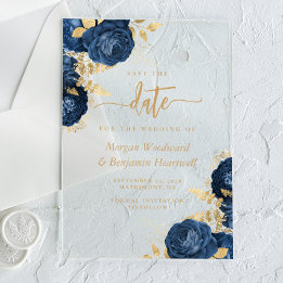 Chique Navy Blauwe Gouden Bloem Bruiloft Save the  Acryl Uitnodigingen