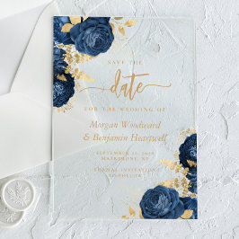 Chique Navy Blauwe Gouden Bloem Bruiloft Save the  Acryl Uitnodigingen