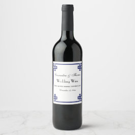 Chique Navy Blauwe Griekse Sleutel Knoop Frame Wijn Etiket