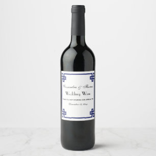 Chique Navy Blauwe Griekse Sleutel Knoop Frame Wijn Etiket