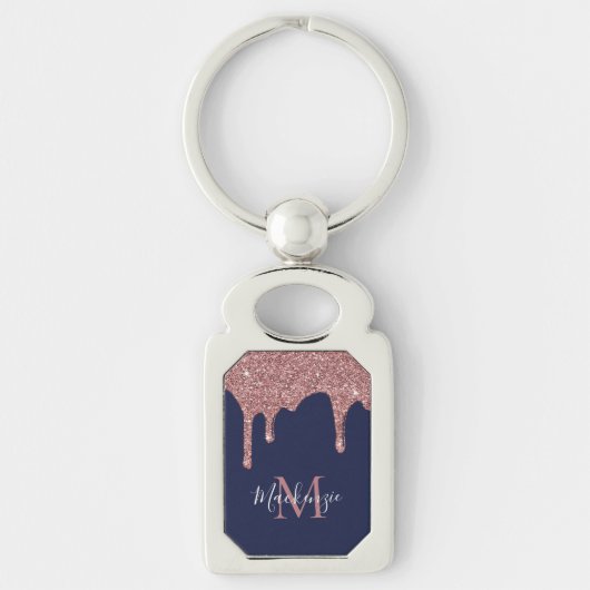 Chique Navy Blauwe Roze Gouden Glitter Druppels Mo Sleutelhanger (Voorkant)