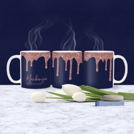 Chique Navy Blauwe Roze Gouden Glitter Glans Drips Koffiemok