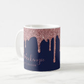 Chique Navy Blauwe Roze Gouden Glitters Glans Drip Koffiemok (Voorkant links)