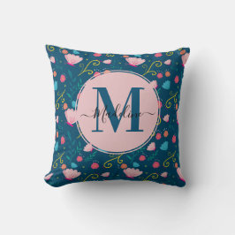 Chique Navy Blauwe Roze Vlinder Bloem Monogram Kussen