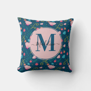 Chique Navy Blauwe Roze Vlinder Bloem Monogram Kussen