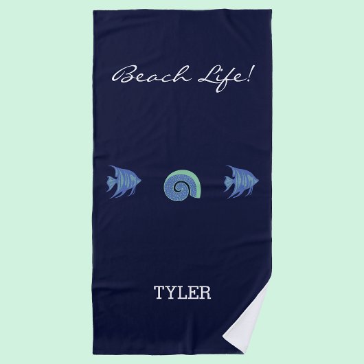 Chique Navy Blauwe Vis en Shell Naam Strandlaken