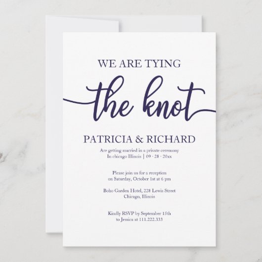 Chique Navy Blauwe Witte Calligrafie Elopement Tro Kaart (Voorkant)