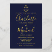 Chique Navy Blauwe Zeeanker Trouwkaart Goud Folie Folie Uitnodiging (Voorkant)