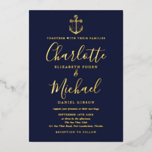 Chique Navy Blauwe Zeeanker Trouwkaart Goud Folie Uitnodiging