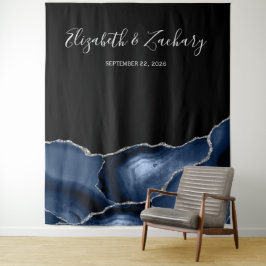 Chique Navy Blauwe Zilveren Agate Bruiloft Fotohok Wandkleed