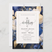 Chique Navy Blue Cream Bloemen Bruiloft Uitnodigin Kaart