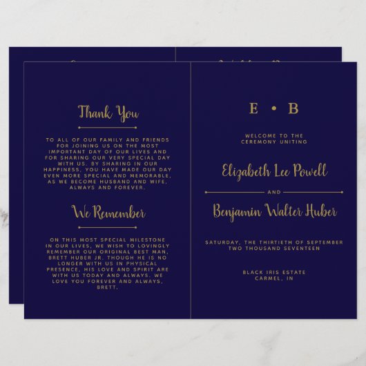 Chique Navy Blue & Gouden Huwelijksprogramma Sjabl (Voorkant / Achterkant)