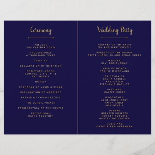 Chique Navy Blue & Gouden Huwelijksprogramma Sjabl (Achterkant)