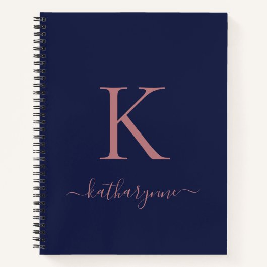 Chique Navy Blue Roos Goud Roze Monogram Naam Notitieboek (Voorkant)