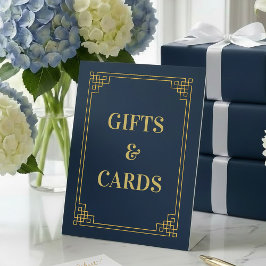 Chique Navy en Goud Art Deco Lijst Cadeaus en Kaar Reclamebord Met Voetstuk