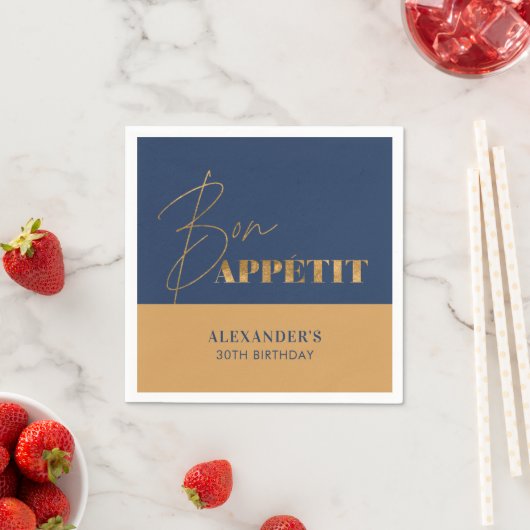 Chique Navy en Goud Bon Appétit Script Verjaardag Servet (Insitu)