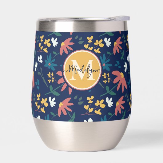 Chique Navy Geel Monogram Bloemen Patroon Custom (Links)