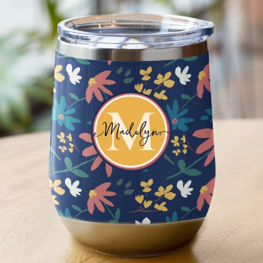 Chique Navy Geel Monogram Bloemen Patroon Custom