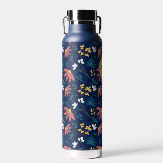 Chique Navy Geel Monogram Bloemen Patroon Custom Waterfles (Voorkant)