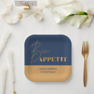 Chique Navy Goud Bon Appétit Script Verjaardag Papieren Bordje