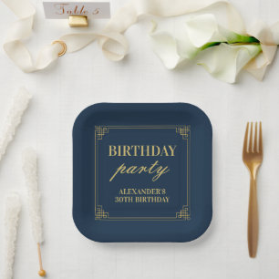 Chique Navy Goud Gatsby Art Deco Frame Verjaardag Papieren Bordje