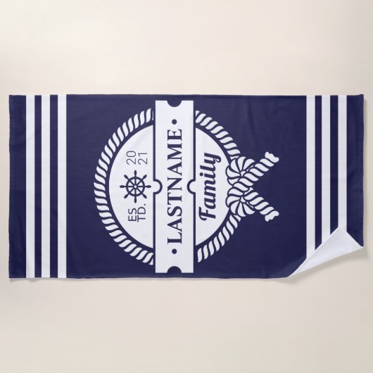 Chique Navy Nautical Rope gepersonaliseerde strand Strandlaken (Voorkant)