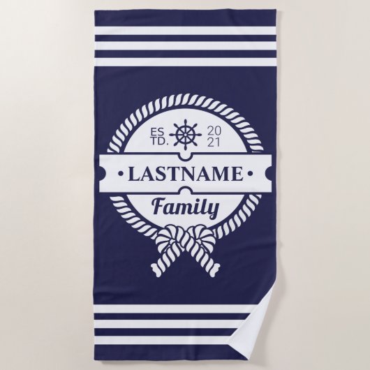 Chique Navy Nautical Rope gepersonaliseerde strand Strandlaken (Voorkant)
