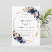 Chique Navy Roos Goud Blush Bloemen Bruiloft Geome Kaart (Staand voorkant)