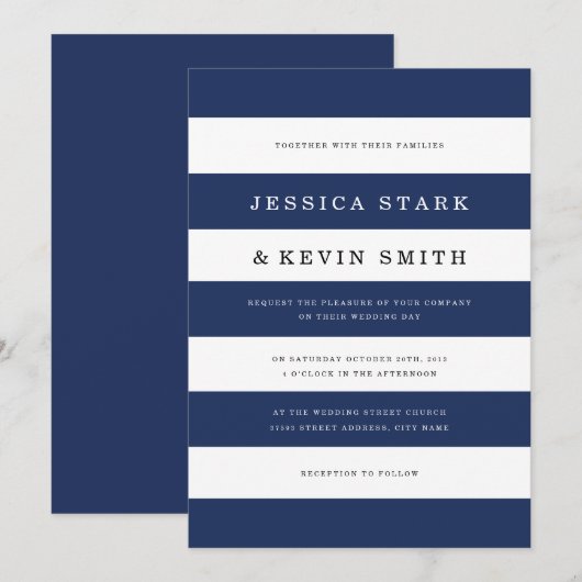 Chique Navy Stripes bruiloft uitnodiging (Voorkant / Achterkant)