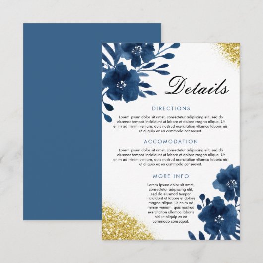 Chique Navy Watercolor Bloemen Goud Glitter Bruilo Informatiekaartje (Voorkant / Achterkant)
