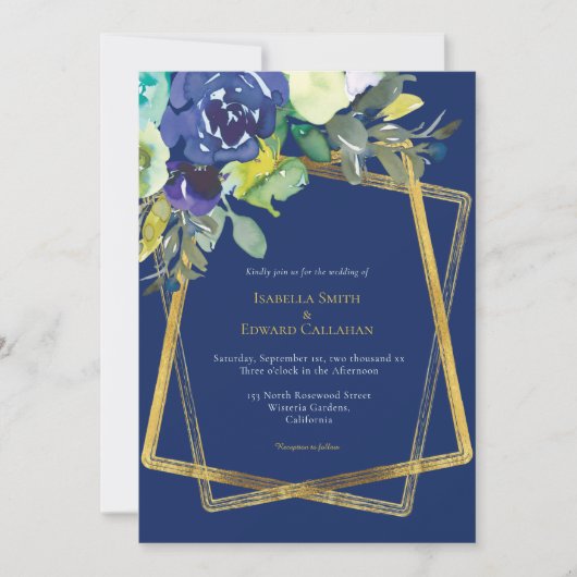 Chique Navy Waterverf Floral Gold Geometrisch Lijs Kaart (Voorkant)
