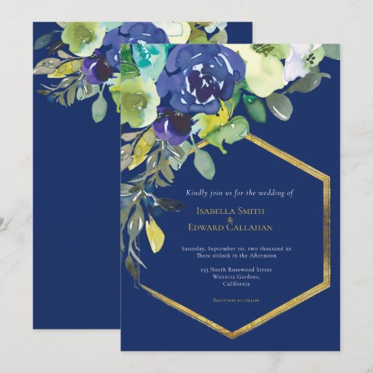 Chique Navy Waterverf Floral Gold Geometrisch Lijs Kaart (Voorkant / Achterkant)