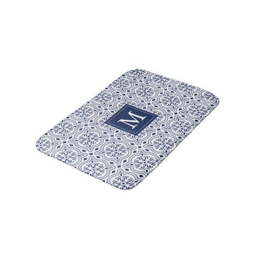 Chique Navy & Wit Marokkaanse Tegel Patroon Monogr Badmat (Gekanteld)